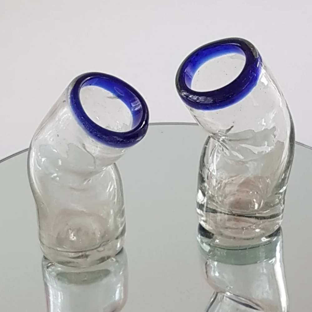 Mexican Blue Rim Bent Blown Glass 2oz Tequila Shot Glasses